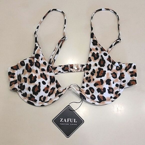 Zaful Leopard Print White Brown Black Swimsuit Bikini Top - Medium Size 6 - Picture 1 of 12